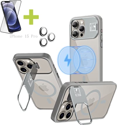 Hoesje voor iPhone 15 Pro met Standaard, Compatibel met MagSafe, Acryl + TPU Case, Hoes ingebouwde Stash Stand-telefoonhoes, Ultradun-Grijs - Screenprotector