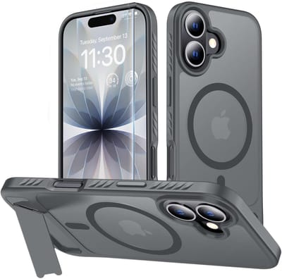 Hoesje Geschikt voor Apple iPhone 17 - Grijs - Casemania Magnetisch Matte Armor Back Cover met Kickstand - Geschikt voor MagSafe Draadloos Opladen - Telefoonhoesje met Handsfree Standaardfunctie