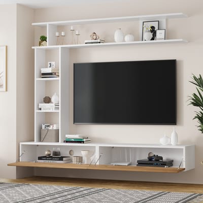 MODENUIT Tv-Meubelset - Tv-Kast Met Wandrek En Open Opbergruimte - Voor Woonkamer - Wit En Eik - 180x35x22,5 cm