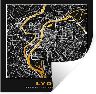 Muurstickers - Sticker Folie - Stadskaart – Plattegrond – Kaart – Lyon - Frankrijk - 100x100 cm - Plakfolie - Muurstickers Kinderkamer - Zelfklevend Behang XXL - Zelfklevend behangpapier - Stickerfolie