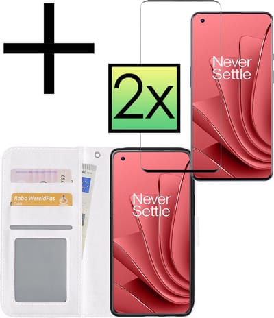 Hoesje - Met 2x Screenprotector - Geschikt voor OnePlus 10 Pro - Luxe Pasjeshouder - Bookcase Portemonee - Flip Case - Kunstleer Book Case - Flipcase Hoes - Book Cover - Walletcase - Portemonneehoes - Wit