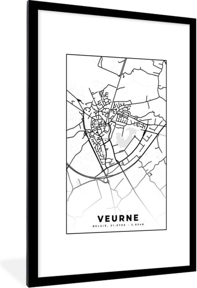 Fotolijst incl. Poster Zwart Wit- België – Veurne – Stadskaart – Kaart – Zwart Wit – Plattegrond - 80x120 cm - Posterlijst