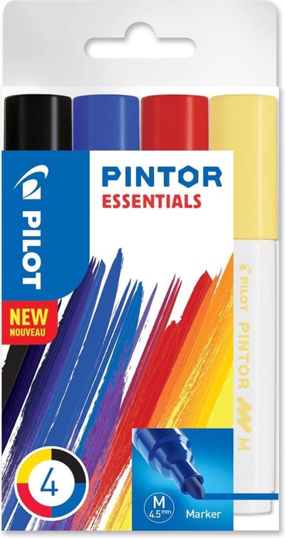 Pilot Pintor 4 Kleuren Verfstiften Set - Essentials Set - Medium marker met 4,5mm punt - Inkt op waterbasis - Dekt op elk oppervlak, zelfs de donkerste - Teken, kleur, versier, markeer, schrijf, kalligrafeer…