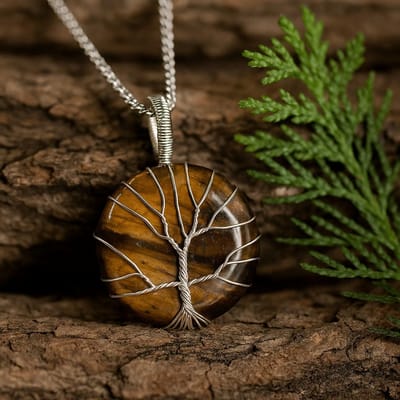 Ancient Wisdom - Decoratief beeld - Levensboom edelsteen met tijgeroog - kunstwerk - interieurdecoratie - edelstenen - handgemaakt - woonaccessoire