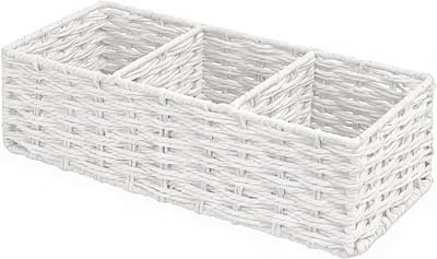 VHV - Badkamer organizer - Opbergmand - Toilet organizer - Handgeweven - 3 vakken - Voor gastendoekjes en toiletrollen - Voor bovenop het toilet - 36*15*10cm - Wit