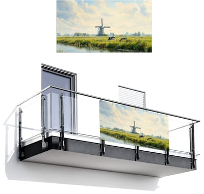 Balkonscherm 200x110 cm - Balkonposter Koeien - Windmolen - Weide - Blauw - Balkon scherm decoratie - Balkonschermen - Balkondoek zonnescherm