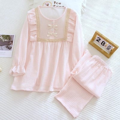 Pyjama japonais pour femme, ensemble deux pièces, en pur coton, à carreaux, décontracté, manches longues XL rose