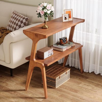 Massieve houten bijzettafel met 2 planken, smal en hoog, modern ontwerp, ideaal als nachtkastje of bijzettafel
