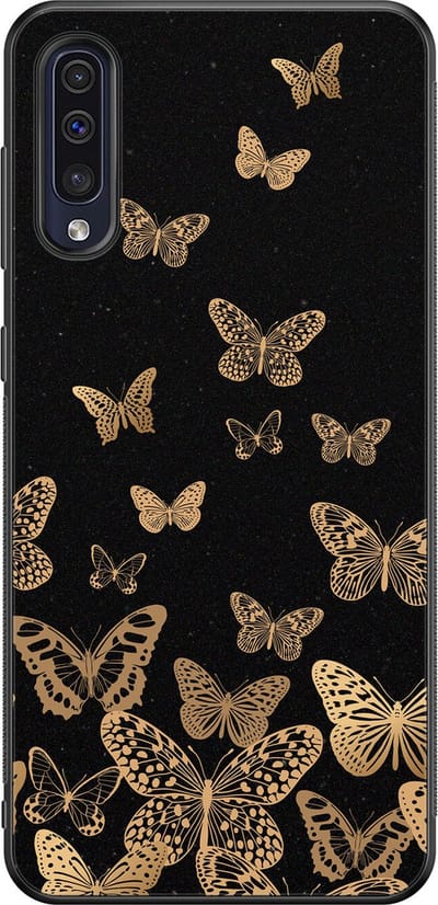 Leuke Telefoonhoesjes - Hoesje geschikt voor Samsung Galaxy A50 - Vlinders - Backcover zwart - Print / Illustratie - Zwart, Goud