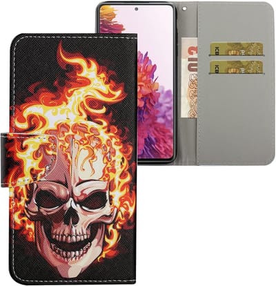 Flip Case voor Redmi 12 met Kickstand en Magnetische Sluiting, PU Leren Bescherming met Vuur Skull Design voor Meisjes