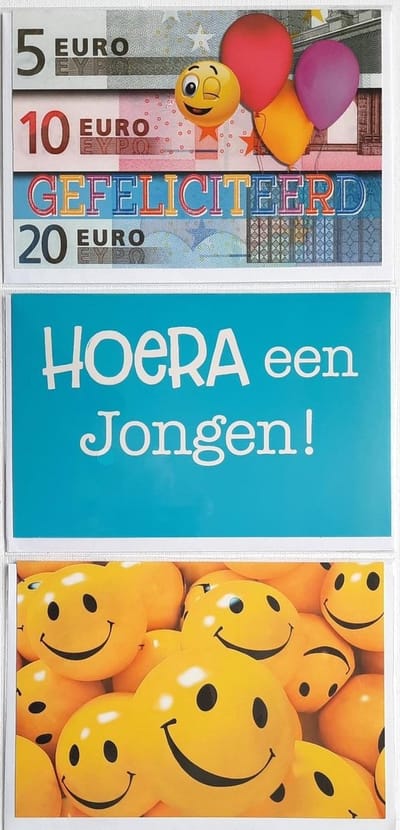3 Wenskaarten - Hoera een Jongen + Smiley’s + Gefeliciteerd - 12 x 17 cm – GEB-303