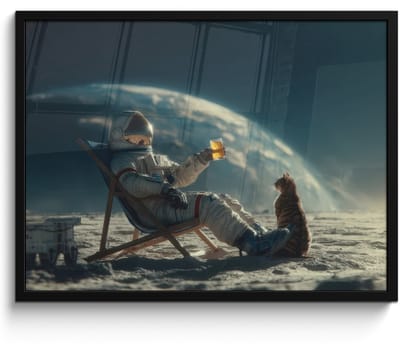 Poster in lijst - Fotolijst 80x60 cm - Posters - Astronaut - Kat - Glas - Stoel - Posterlijst zwart - Decoratie - Wanddecoratie woonkamer - Muurdecoratie slaapkamer
