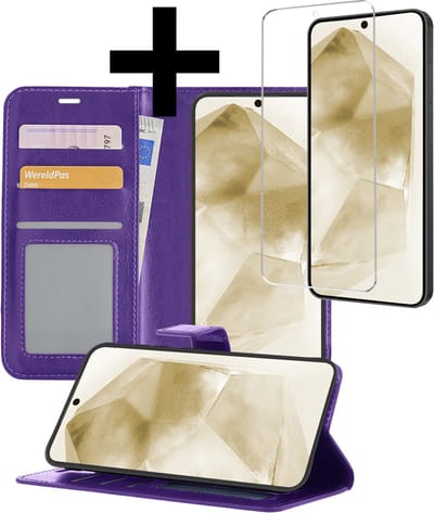 Hoesje - Met Screenprotector - Geschikt voor Samsung Galaxy A55 - Luxe Pasjeshouder - Bookcase Portemonee - Flip Case - Kunstleer Book Case - Flipcase - Book Cover - Walletcase - Portemonneehoes - Telefoonhoesjes - Paars