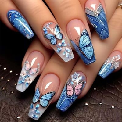 Dailygoods - Blauwe Schmetterling Press on Nagels - Cowboy Stijl Middel Coffin Nepnagels 24 Stuks