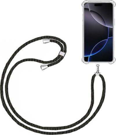Telefoonkoord + Hoesje Geschikt voor Apple iPhone 16 Pro - Lengte Verstelbaar - Telefoonketting - Shock Proof Case - Zwart