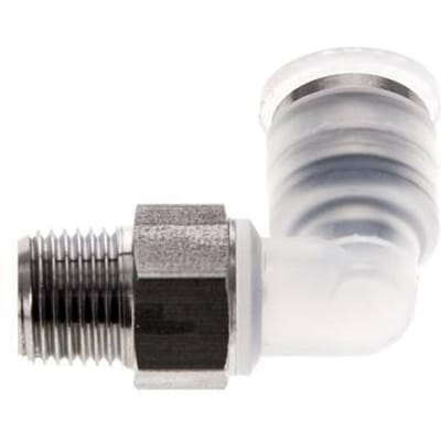 6mm x R1/8'' 90 graden L-verbinding PA/RVS Insteekfitting Buitendraad Draaibaar EPDM/PTFE