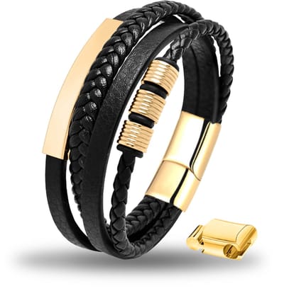 Armband Heren Leer Zwart Goud – Mauro Vinci® Leren Heren Armband met Magnetische Sluiting – Zwart Goudkleurige Stainless Steel Armband Heren – Verstelbaar 19,5 cm tot 21 cm – Stoere Mannen Armband – Inclusief Luxe Geschenkverpakking