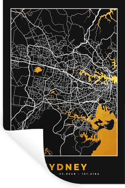 Muurstickers - Sticker Folie - Sydney - Stadskaart - Plattegrond - Goud - Kaart - 20x30 cm - Plakfolie - Muurstickers Kinderkamer - Zelfklevend Behang - Zelfklevend behangpapier - Stickerfolie