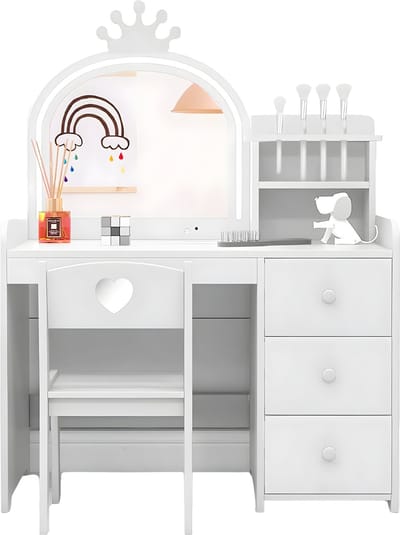 Princess Kinder Kaptafelset - Voor Meisjeskamer - Kaptafel met Stoel, Verlichte Drievoudig Opklapbare Spiegel & 3 Laden - Met Opbergplanken - Wit