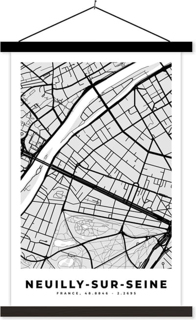 Posterhanger incl. Poster 40x60 cm - Schoolplaat - Plattegrond - Neuilly-sur-Seine - Stadskaart - Kaart - Frankrijk - Textielposter - Zwarte latten - Stadskaart