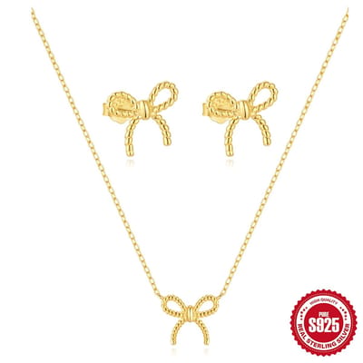 Helin Life Ketting dames 925 zilver set – Ketting & Oorbellen Set – 18K Verguld – Strik Design – Tijdloze Sieraden Set – Luxe Geschenkdoos – Perfect Cadeau voor Vrouwen – Goud