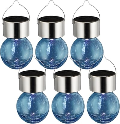 Sunnydays Solar sfeer hanglamp - 20x - tuin - lampenbol - blauw - glas - 9 cm - ophang haakje