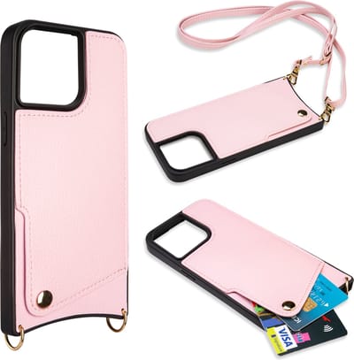 Casemania Hoesje Geschikt voor Apple iPhone 15 Pro - Back Cover met Draagkoord - Pasjeshouder Hoes met Bandje - Crossbody Telefoonhoesje - Lanyard Case - Roze
