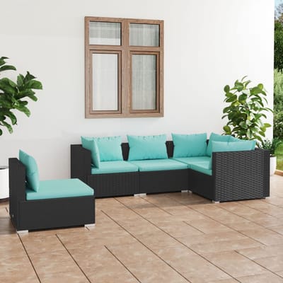 vidaXL - 5-delige - Loungeset - met - kussens - poly - rattan - zwart