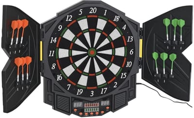 Elektronisch Dartbord met Spraakopdrachten - Dartmachine met Deur - Dartset - met LED-display - Geluidseffecten - 12 Darts - 27 Spellen - 216 Slagopties - Dartboard voor tot 8 Spelers - 49x54,6x5,5cm - Zwart