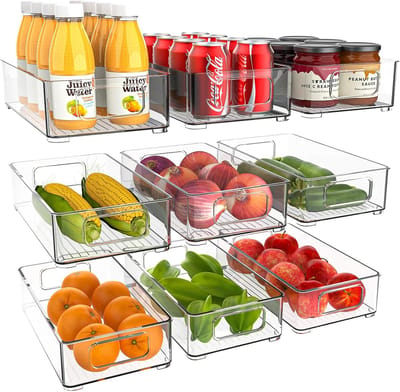 Famanu - Koelkast-organizer, stapelbaar, opbergdoos, keukenorganizer, voorraaddoos, doorzichtig reservoir voor koelkast, keuken, kasten (9 stuks)