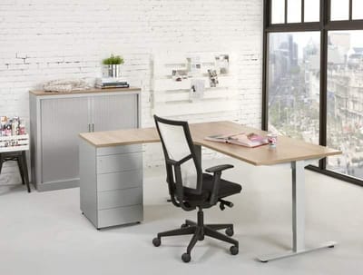 Ergonomisch t-poot wingbureau Design Teez breed 160CM diep 120CM bladkleur Licht Eiken framekleur Aluminium (RAL9006) wingzijde Links