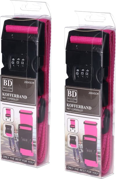 Bellatio design Bagageriem - 2x - roze - kofferriem met cijferslot - 200 x 6 cm - verstelbaar