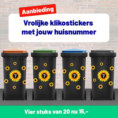 Containerstickers ZONNEBLOEMEN huisnummer | Kliko sticker voordeelset | Cijfer stickers weerbestendige 1234567890 | Containerstickers zonnebloemen SET 4 stuks met 28 zonnebloemen