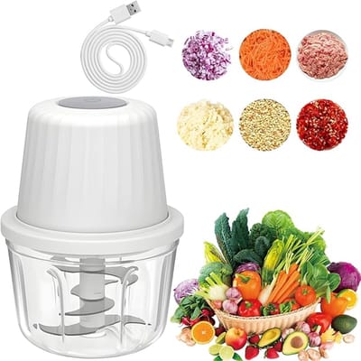Hakmolen Elektrische - USB - 400ml - 6 Messen - Elektrische Uiensnijder - Hakmolen - Multifunctionele Snijder - Mini Portable Chopper - Babyvoeding Blender - Geschikt Voor Het Maken Van Fruit- En Groentepurees, Gehaktballen En Babybijgerechten - Wit