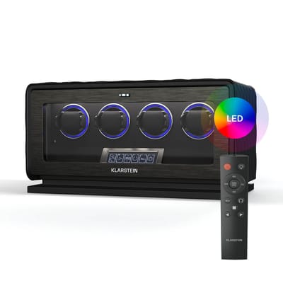 Klarstein LuminousTime horlogewinder voor 4 horloges – Automatische horlogewinder met fluisterstille Japanse motor, LCD-touchscreen en afstandsbediening, 20 toeren per dag-instellingen, RGB- en LED-verlichting, veganistisch leer