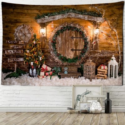 Kerst houten huis wandtapijt mystieke hekserij boho kerstboom winter achtergrond stof huisdecoratie 95x70cm brown
