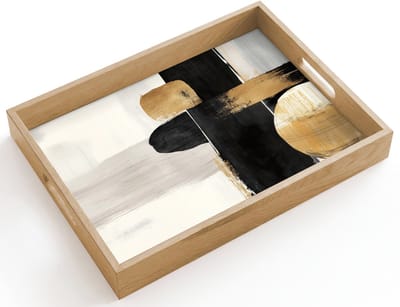 Dienblad hout 40x30 cm - Schootdienblad - Vormen - Penseelstreken - Abstract - Goud - Borrelplank rechthoek - Plateau dienbladen