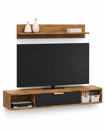 ITRONIQ TV Meubel Met Wandplank - Modern Woonkamermeubel - TV Kast Met Opbergruimte en Kabelgaten - 120 CM - Hout Eiken Zwart