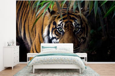 Behang - Fotobehang Tijger - Bladeren - Jungle - Dieren - Wild - Breedte 400 cm x hoogte 300 cm