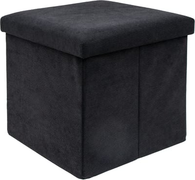 Intirilife Opvouwbaar krukje 38 x 38 x 38 cm in ZWART - zitkubus met opbergruimte en deksel van stof in koord-look - zitkubus voetensteun opbergkist bankzitting
