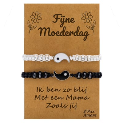 Moeder Kind Armbandjes voor 2 "Fijne Moederdag" - Yin Yang - Vriendschapsarmbandjes met Persoonlijk Cadeau Kaartje - Zilverkleurig - Elastisch Verstelbaar - Pax Amare