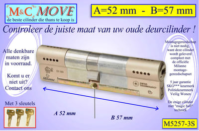M&C MOVE - High-tech Security deurcilinder - SKG*** - 52x57 mm - Politiekeurmerk Veilig Wonen - inclusief gereedschap MilaNNE montageset