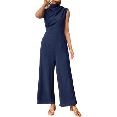 Dames Zomer Jumpsuit Halfhoge Kraag Mouwloos Wijde Pijp Geplooid Effen Kleur OL Pendelen Dagelijks Gebruik Lange Jumpsuit S
