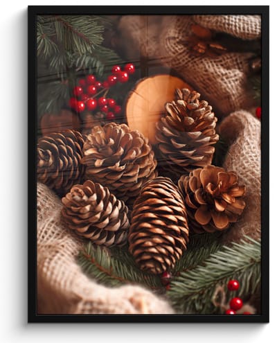 Poster in lijst - Fotolijst 50x70 cm - Posters - Dennenappels - Boom - Winter - Natuur - Bruin - Posterlijst zwart - Decoratie - Wanddecoratie woonkamer - Muurdecoratie slaapkamer