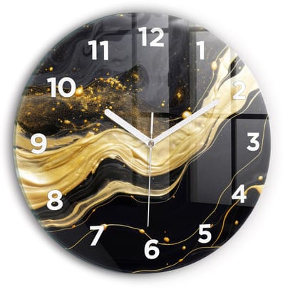 Wallfluent Wandklok - Gouden marmer Stijlvolle Klok - 30 cm x 30 cm - Gouden Wandklok - Witte Handen - Wandklok Met Cijfers - Wandklok Glas Woonkamer - Ronde Glas Klok - Industrieel Wandklok - Stijlvolle Klok