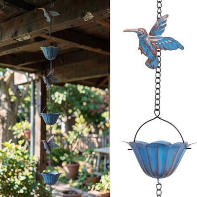 Regenketting - Waterafvoer Ketting - Tuin Decoratie - Vogel en Beker Design - 2.4 Meter - Vintage Blauw