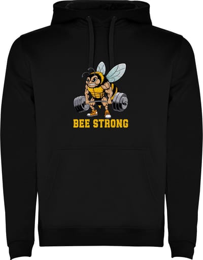 Zwarte unisex hoodie met “ Kleurrijke Bee Strong – Bodybuilden – Dumbell - Sport – Humor – Zet Door – Niet opgeven “ Print Full Color Color merk Roly maat S