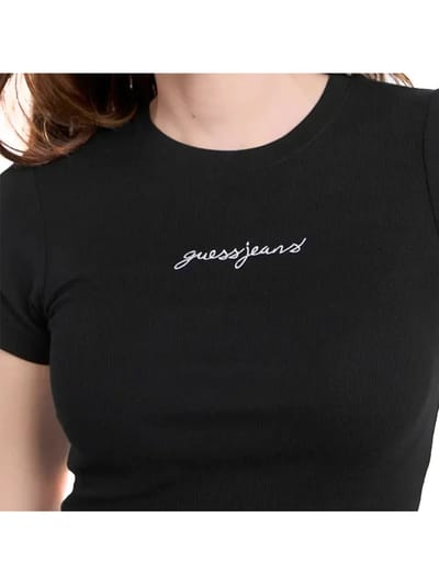 Guess Jeans Gj Sl Cn Embro Slim Rib T-shirt Met Korte Mouwen Zwart XS Vrouw