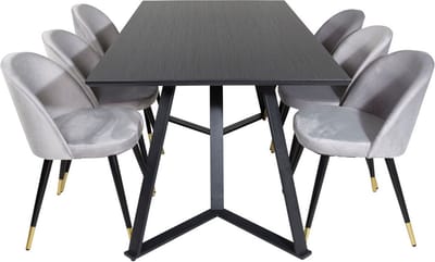 MarinaBLBL eethoek eetkamertafel zwart en 6 Velvet eetkamerstal velours lichtgrijs.