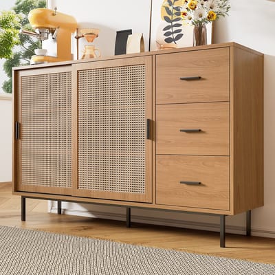 MODENUIT Dressoir - 2 Schuifdeuren En 3 Laden - Voor Woonkamer En Eetkamer - Spaanplaat En Rotan - 140x37x91 Cm